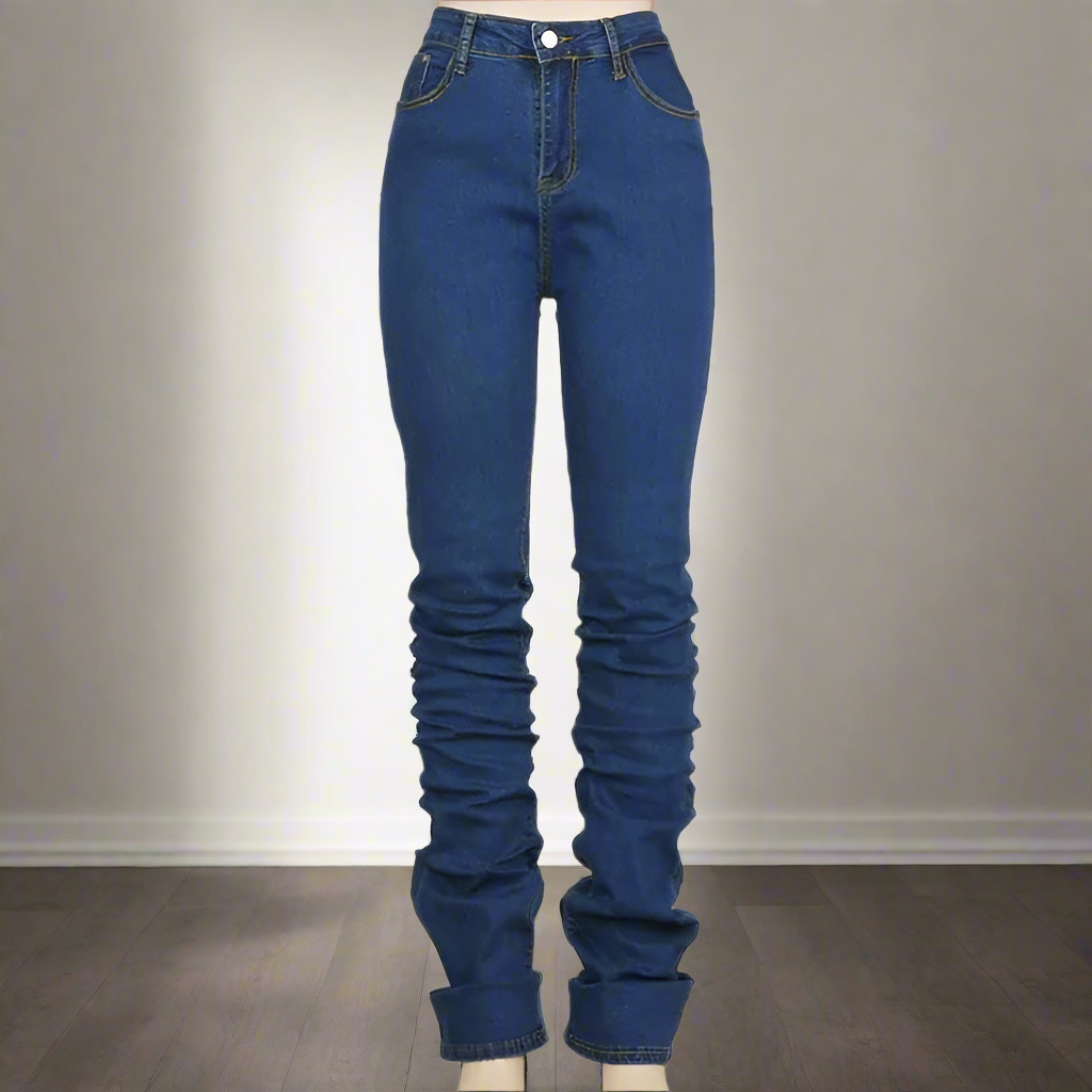 High Waist Stacked Blue Denim Skinny Jeans