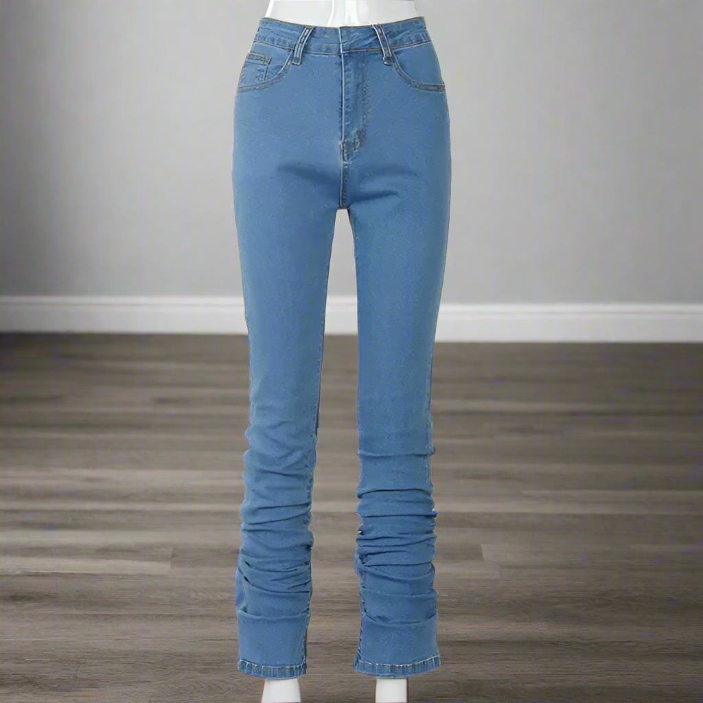 High Waist Stacked Blue Denim Skinny Jeans